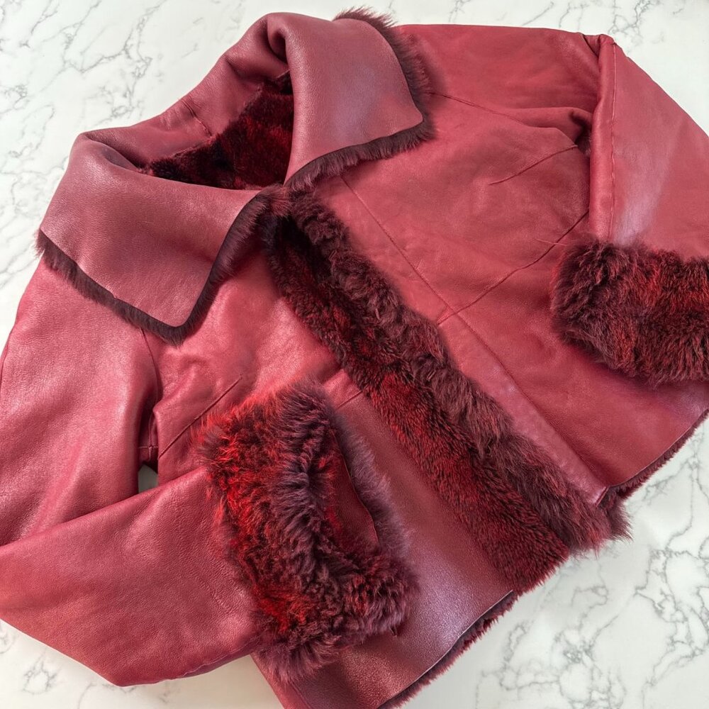 Vintage Via Veneto Genuine Shearling Leather Jacket - Burgundy - Size XL - Picture 4 of 8